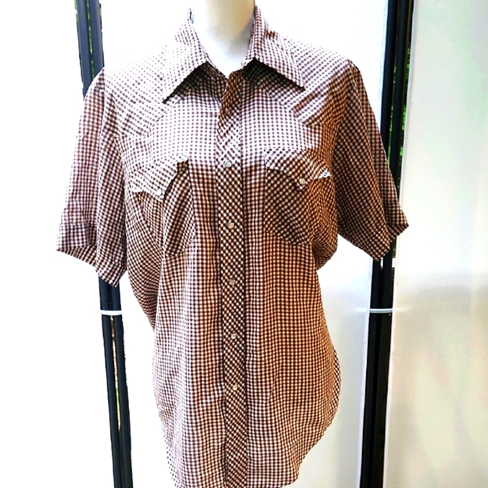 Vintage Brown And White Gingham Western Rockabilly Boho Pearl Snap Shirt